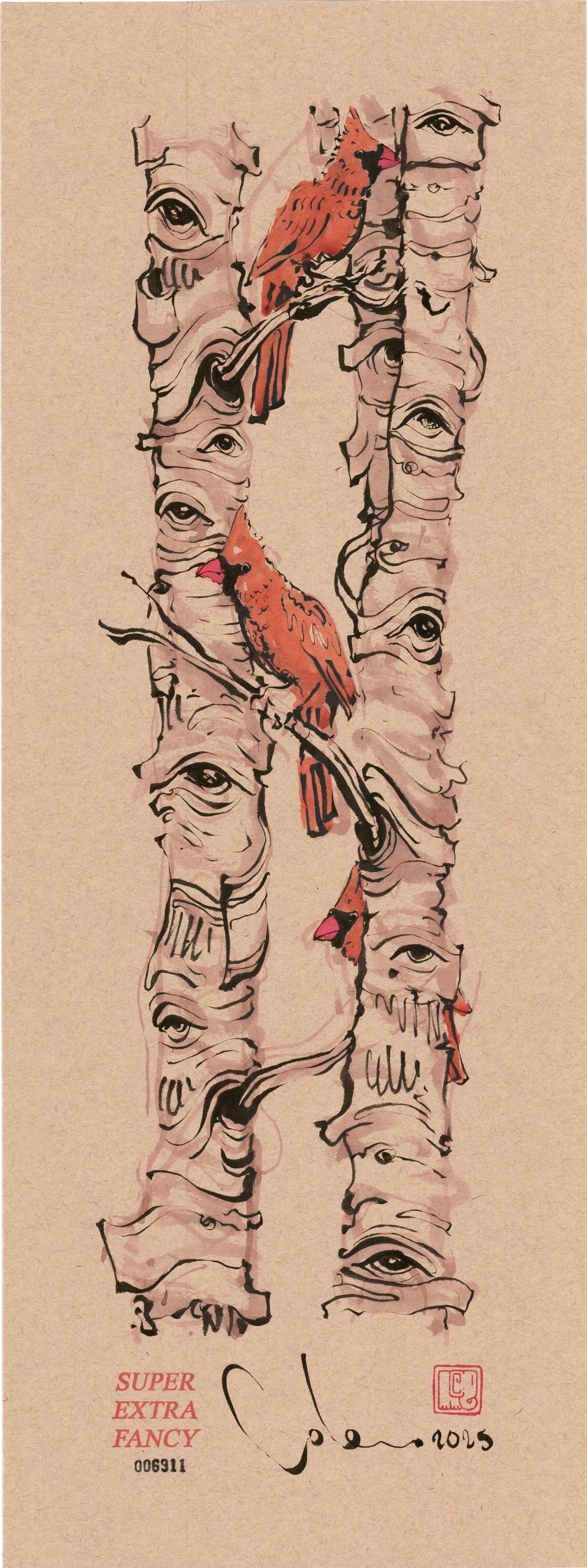 M. Birch with Cardinals (9x24") Hand-Drawn to Order !!!