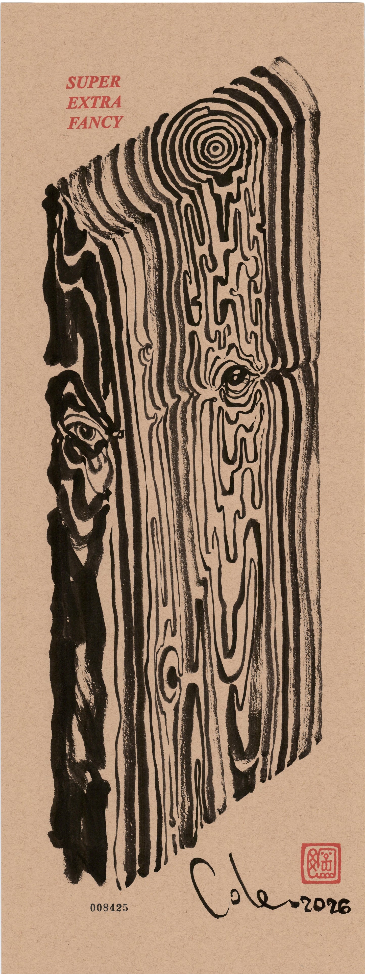 Knotted Plank #8425 — 9x24 inch original black ink-brush drawing of a wood board with one large concentric knot and long grain, on kraft paper