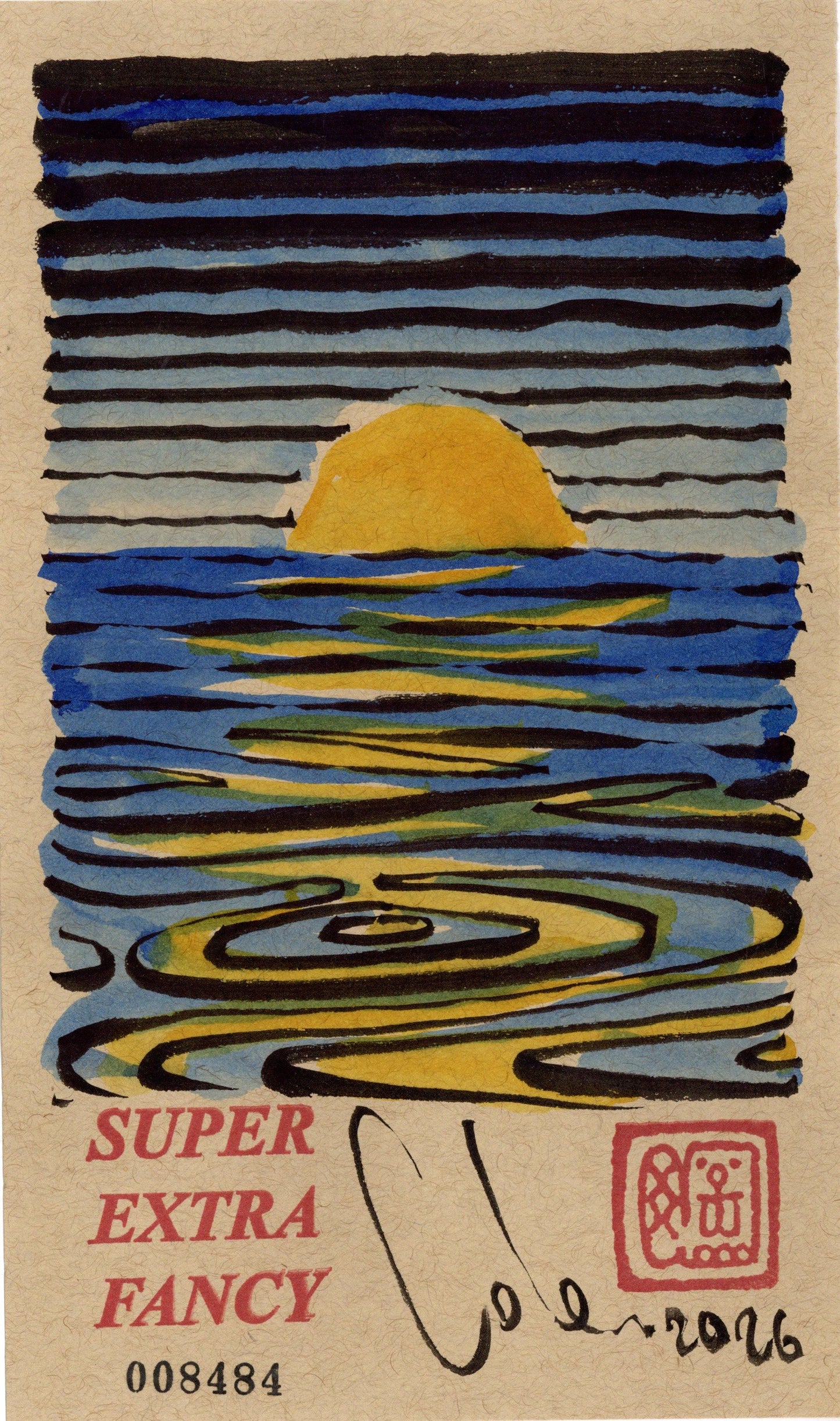 Sunset #8484 — 5x8.5 inch original ink and watercolor drawing of a sun on the horizon over rippling water, on kraft paper