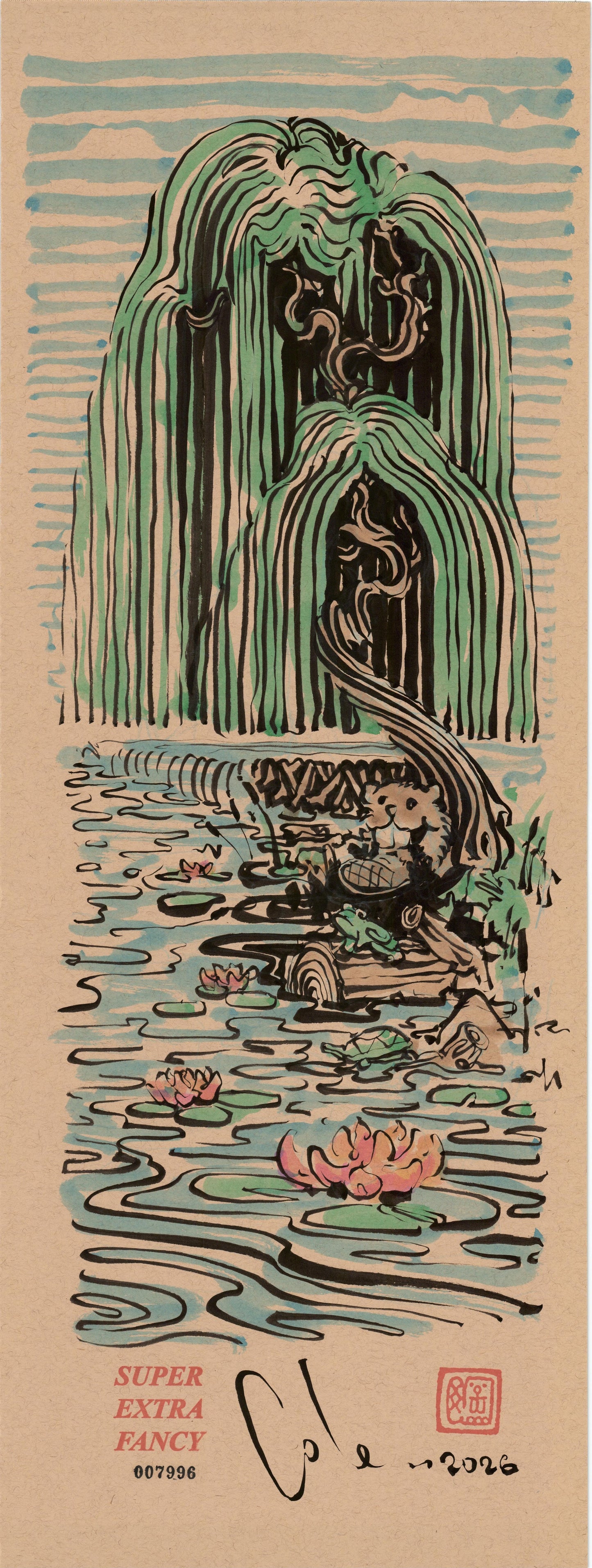 Beaver Pond #7996 — 9x24 inch original ink brush drawing of a beaver reclining against a felled log beneath a weeping willow