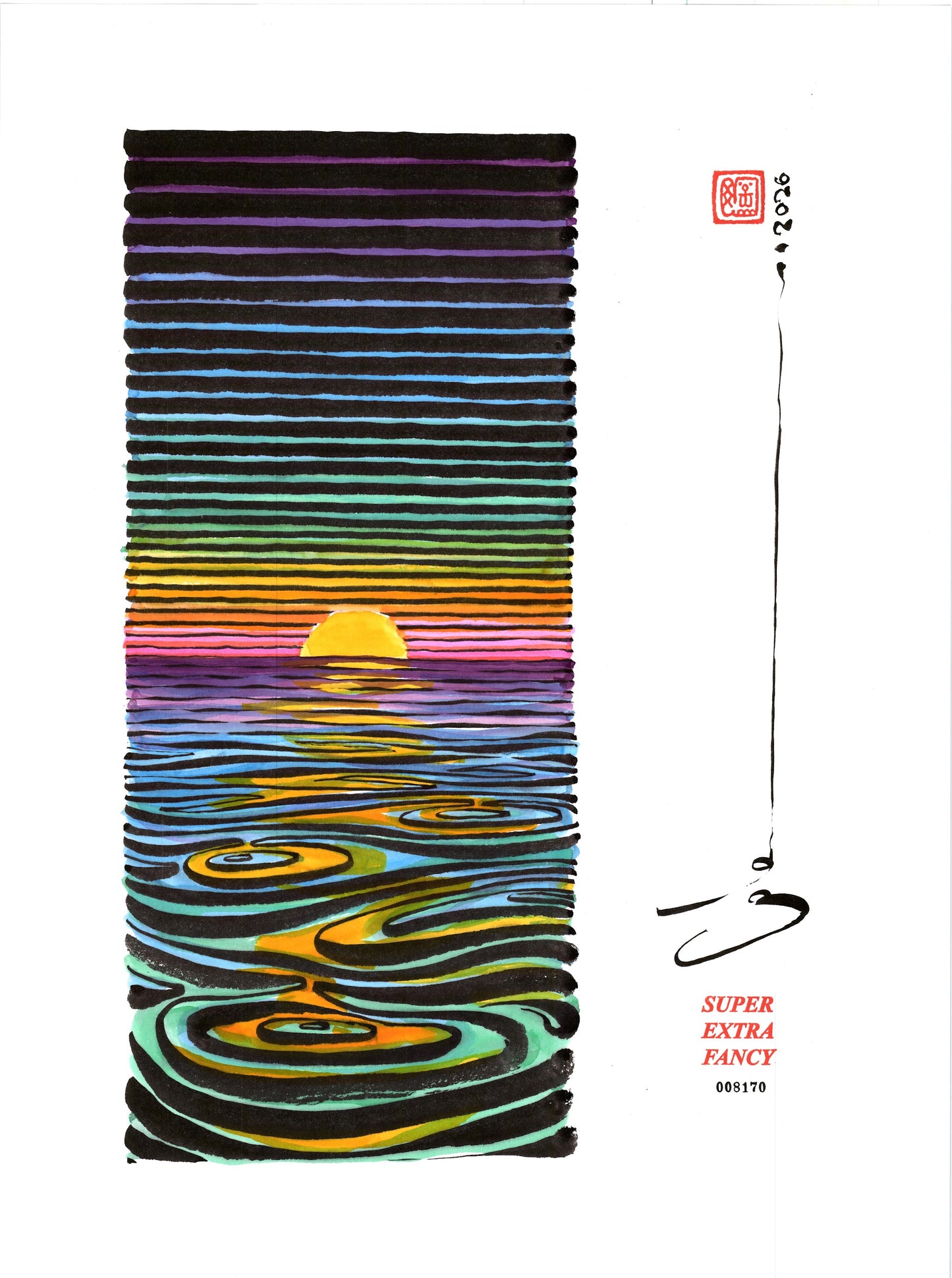 Sunset — SXF original left-hand-drawn ink brush drawing #8170
