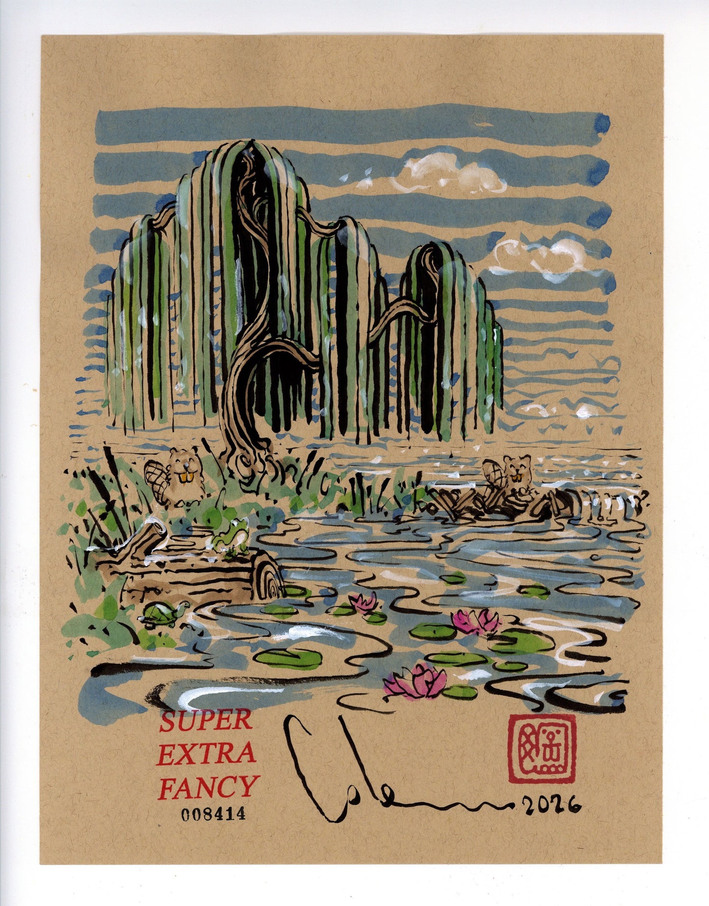Willow Pond #8414 — 9x12 inch original ink-brush drawing of willows over water with beavers on the bank and pink water lilies, on kraft paper
