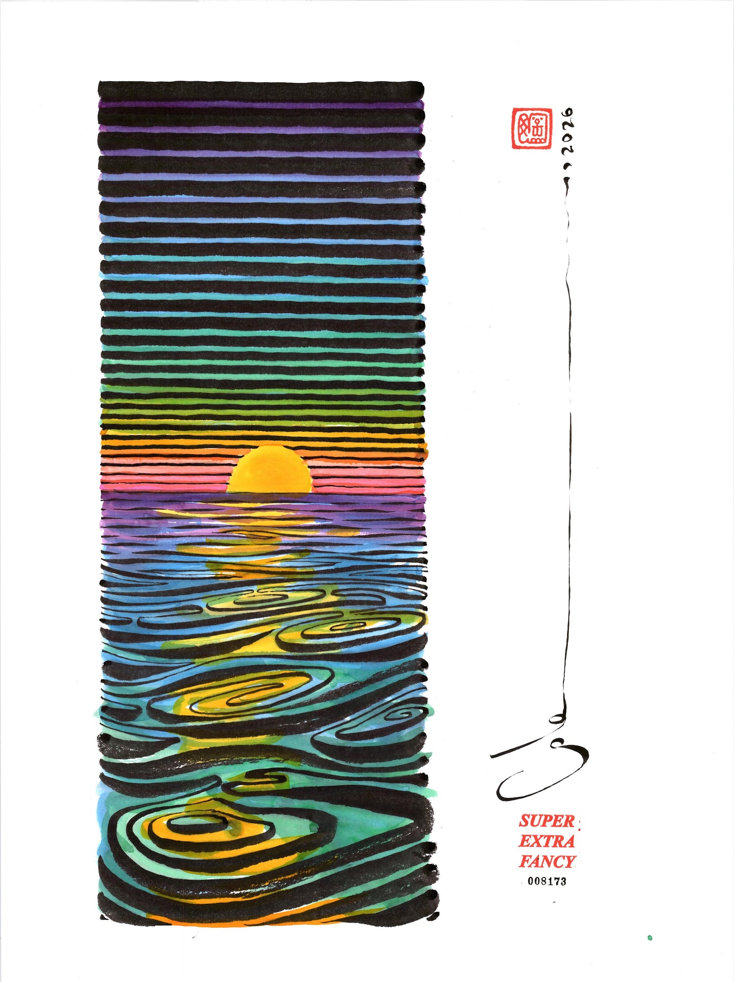 Sunset — SXF original left-hand-drawn ink brush drawing #8173