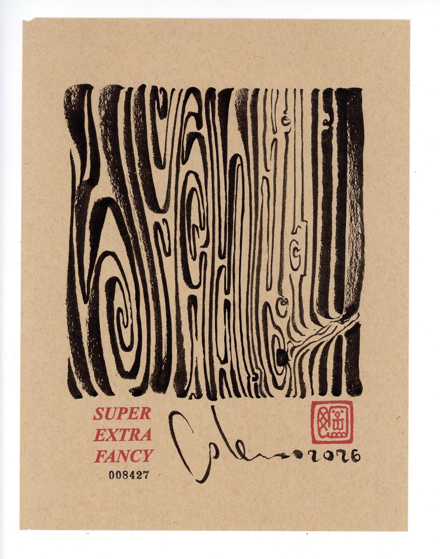 Woodgrain #8427 — 9x12 inch original black ink-brush drawing of vertical wood grain running around small knots, on kraft paper