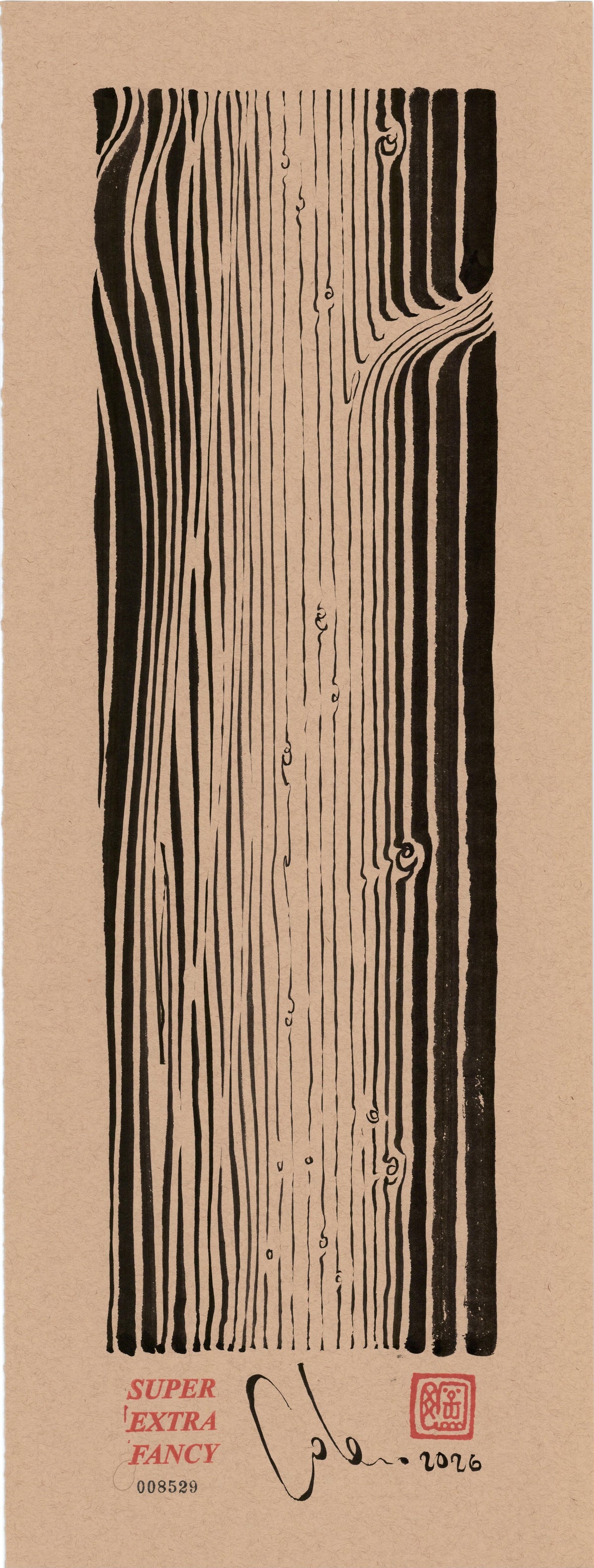 Plank #8529 — 9x24 inch original black ink-brush drawing of a plank with dense vertical wood grain, on kraft paper