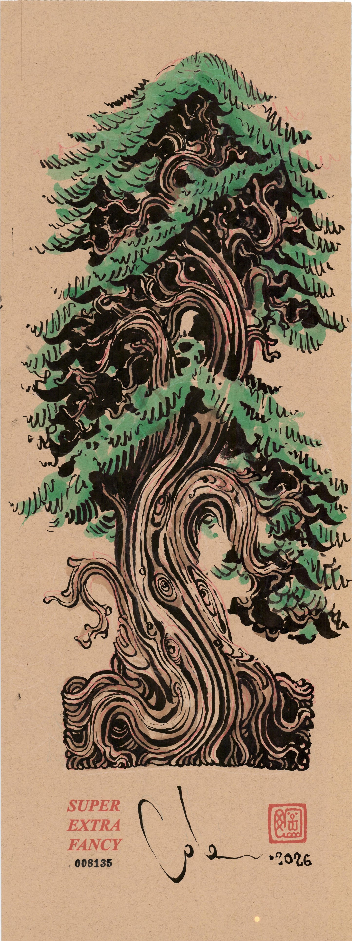 Green Cypress #8135 — 9x24 inch original ink brush drawing of an old cypress with a green washed canopy and twisting wood-grain trunk