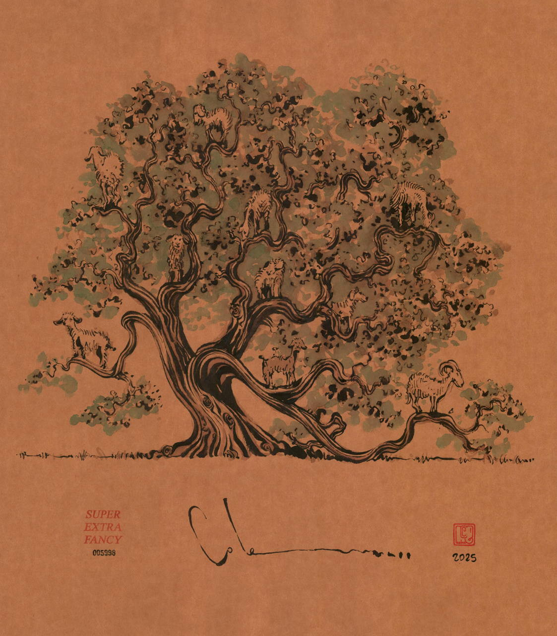 20x22" #5998 (Original Drawing) Goats in a Tree