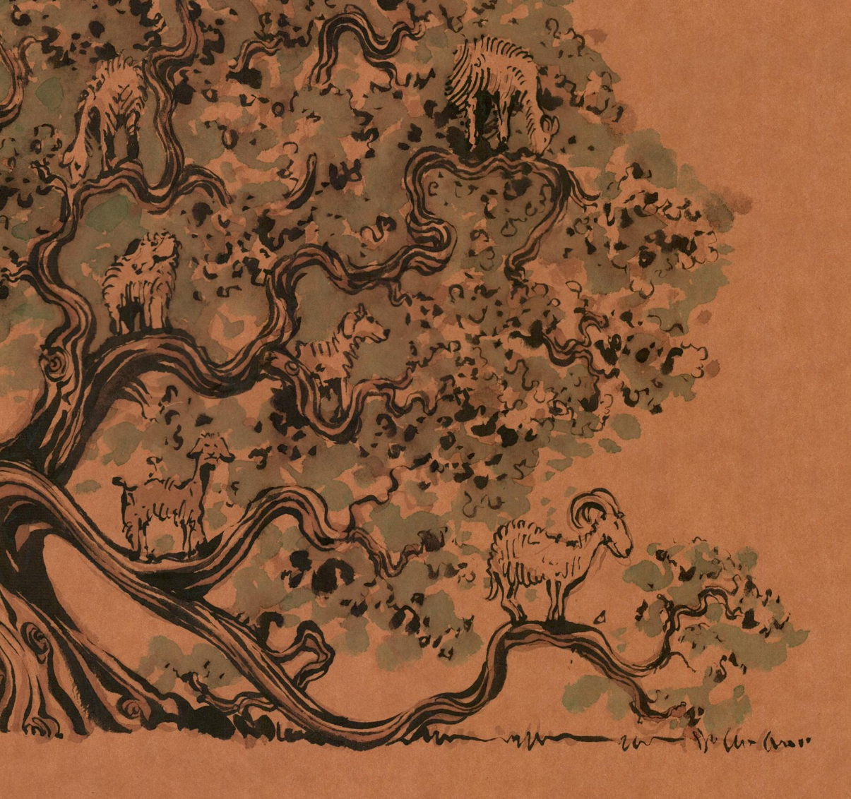 20x22" #5998 (Original Drawing) Goats in a Tree