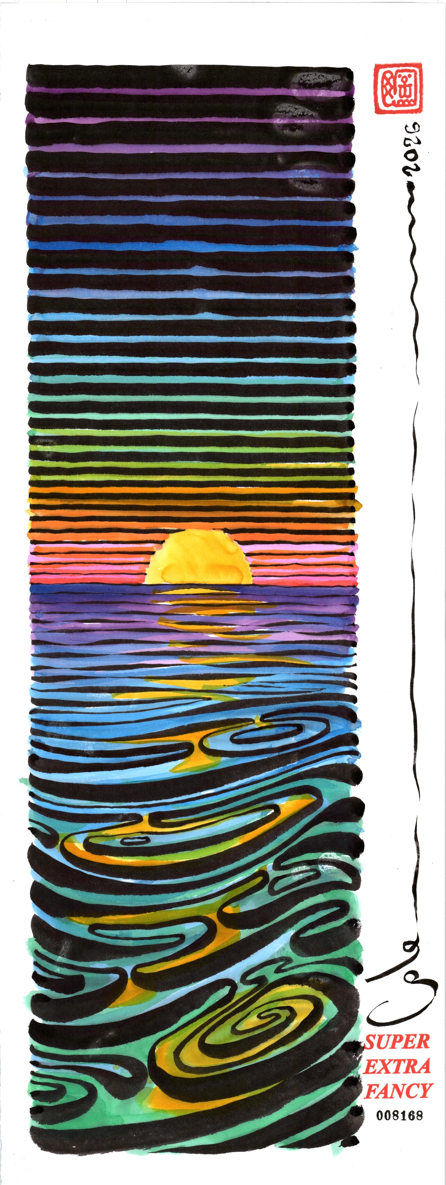 Sunset #8168 — 9x24 inch original ink-brush and watercolor drawing on white paper: a flat yellow sun on the horizon under banded purple, blue, teal, green and orange rays, above swirling spiral water reflections