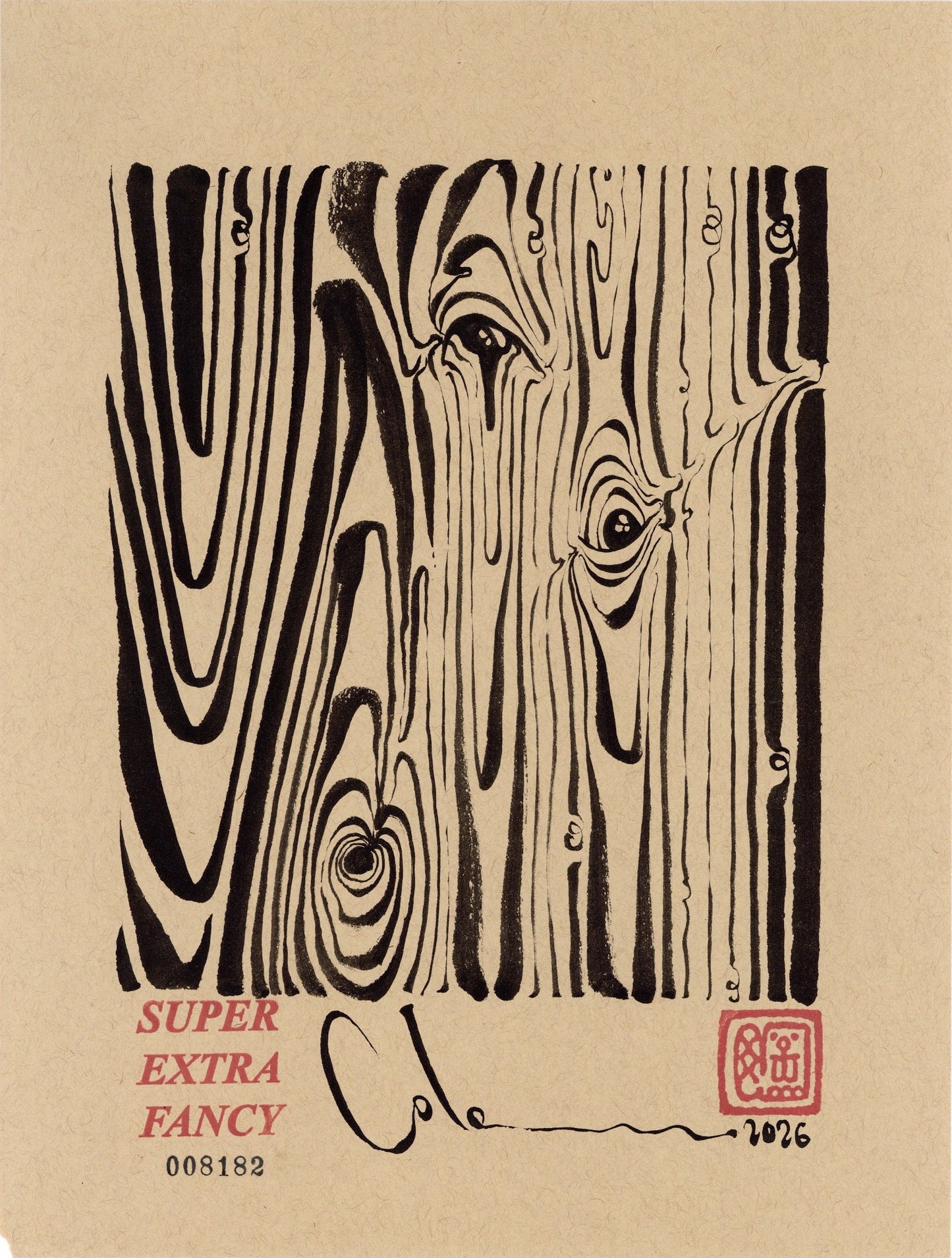 Eyes in the Grain #8182 — 9x12 inch original black ink-brush drawing on kraft paper: vertical wood grain swirling around knots that open into three eyes