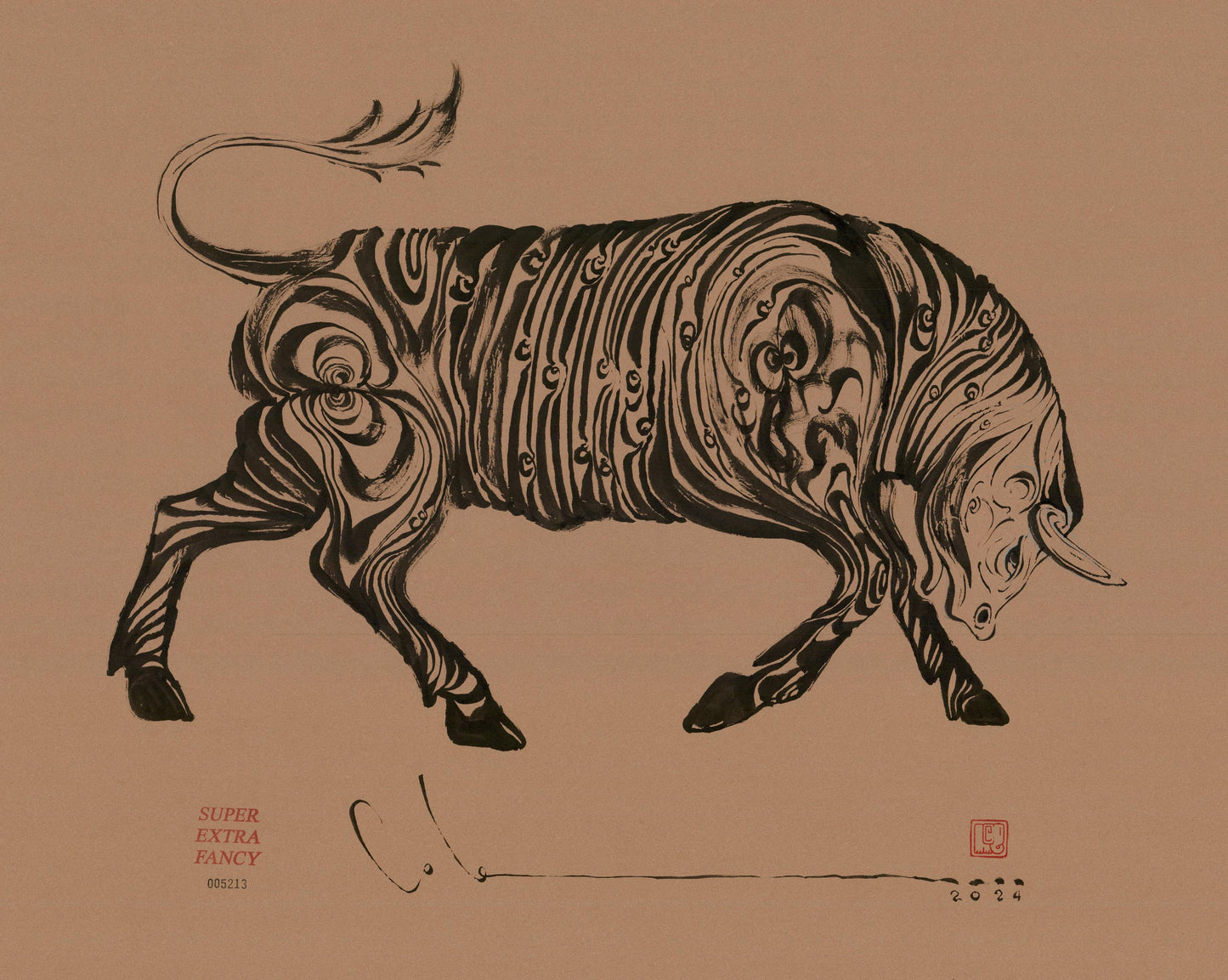Camino Alto #7236 (Framed Drawing of Wood Bull)