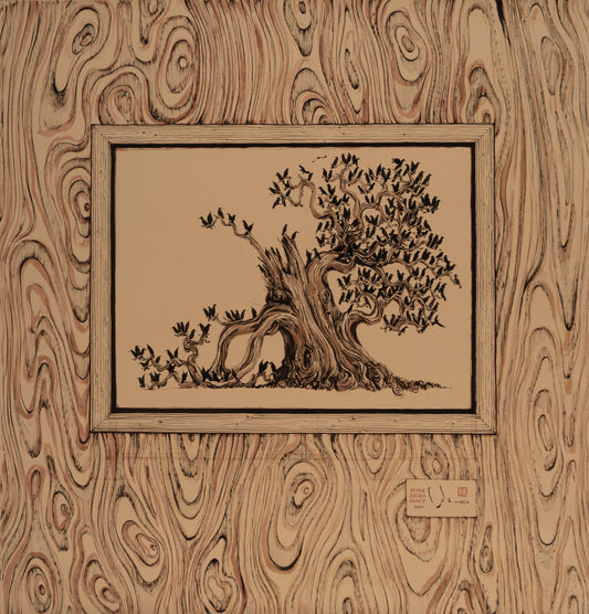 SXL. #6666 Drawing of a Drawing of a Tree with Crows (50x50") Poster Frame Included !!!