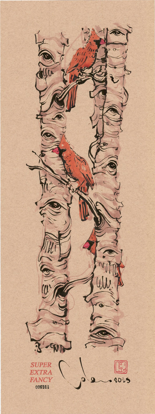 M. Birch with Cardinals (9x24") Hand-Drawn to Order !!!