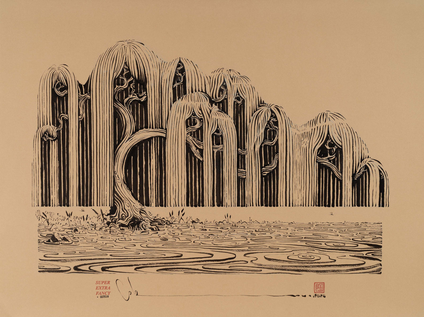 Leaning Willow Landscape (40x30") Large Original Drawing · #7688