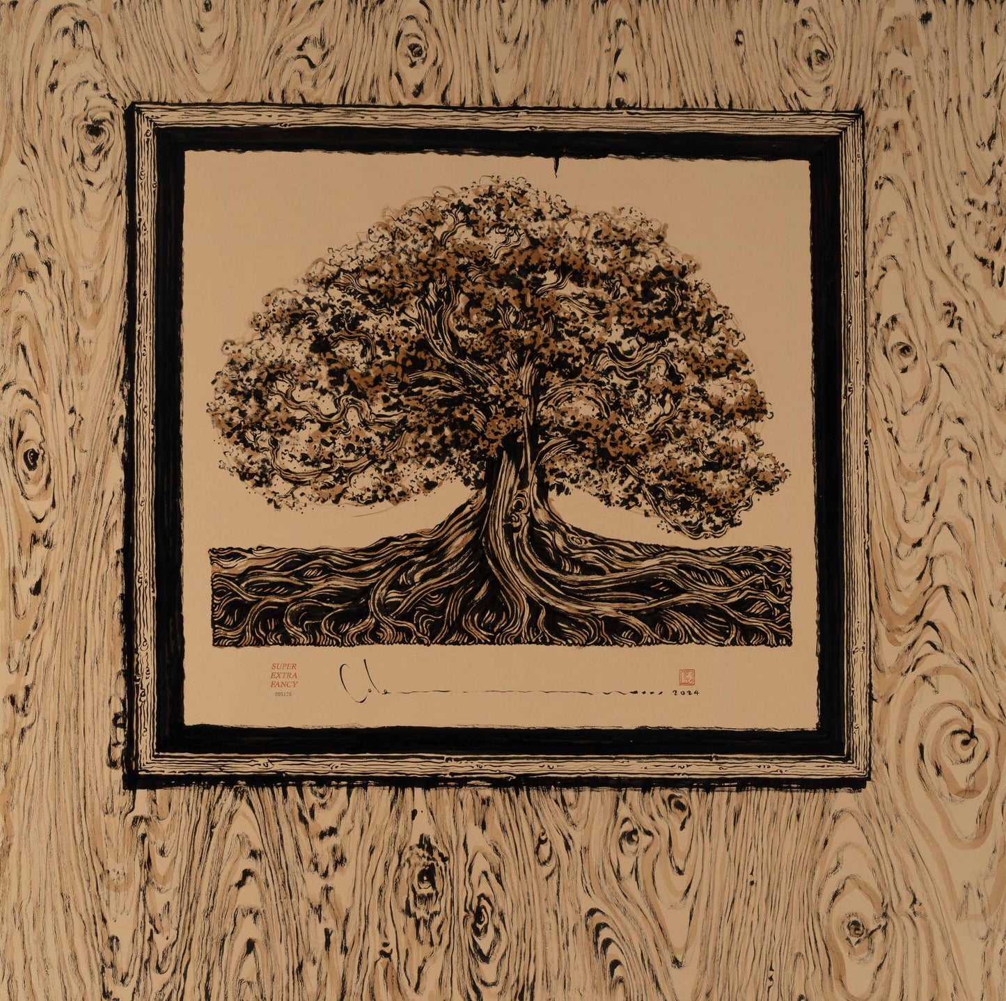 50x50" Drawing of a Drawing of an Oak Tree in a Wood Frame Hanging on a Plywood Wall