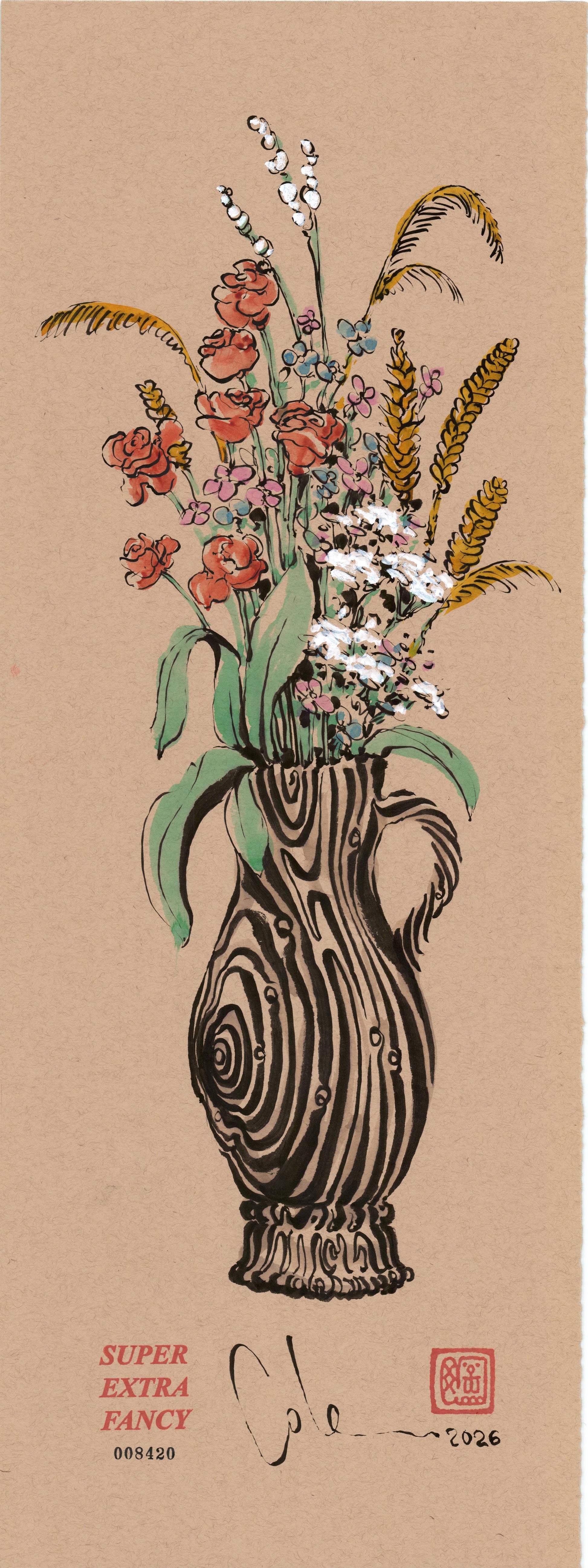 Wildflower Vase #8420 — 9x24 inch original ink-brush drawing of a fluted wood-grain urn full of coral roses, gold wheat and white lily-of-the-valley on kraft paper