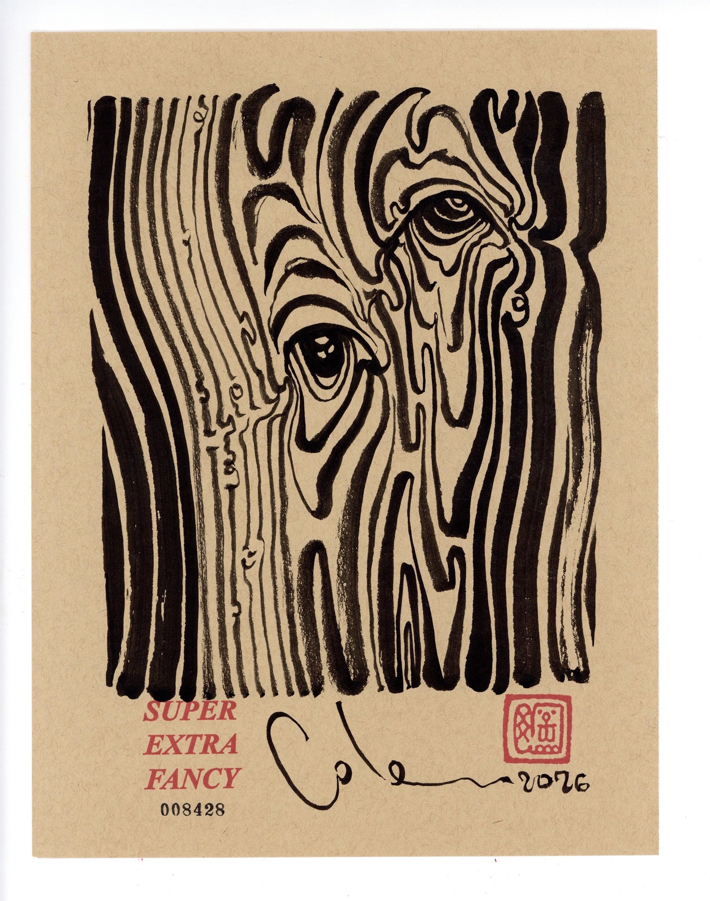 Woodgrain Eyes #8428 — 9x12 inch original black ink-brush drawing of wood grain flowing around two knots that read as eyes, on kraft paper