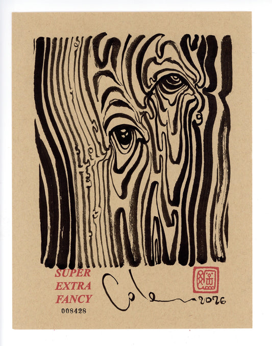 Woodgrain Eyes #8428 — 9x12 inch original black ink-brush drawing of wood grain flowing around two knots that read as eyes, on kraft paper