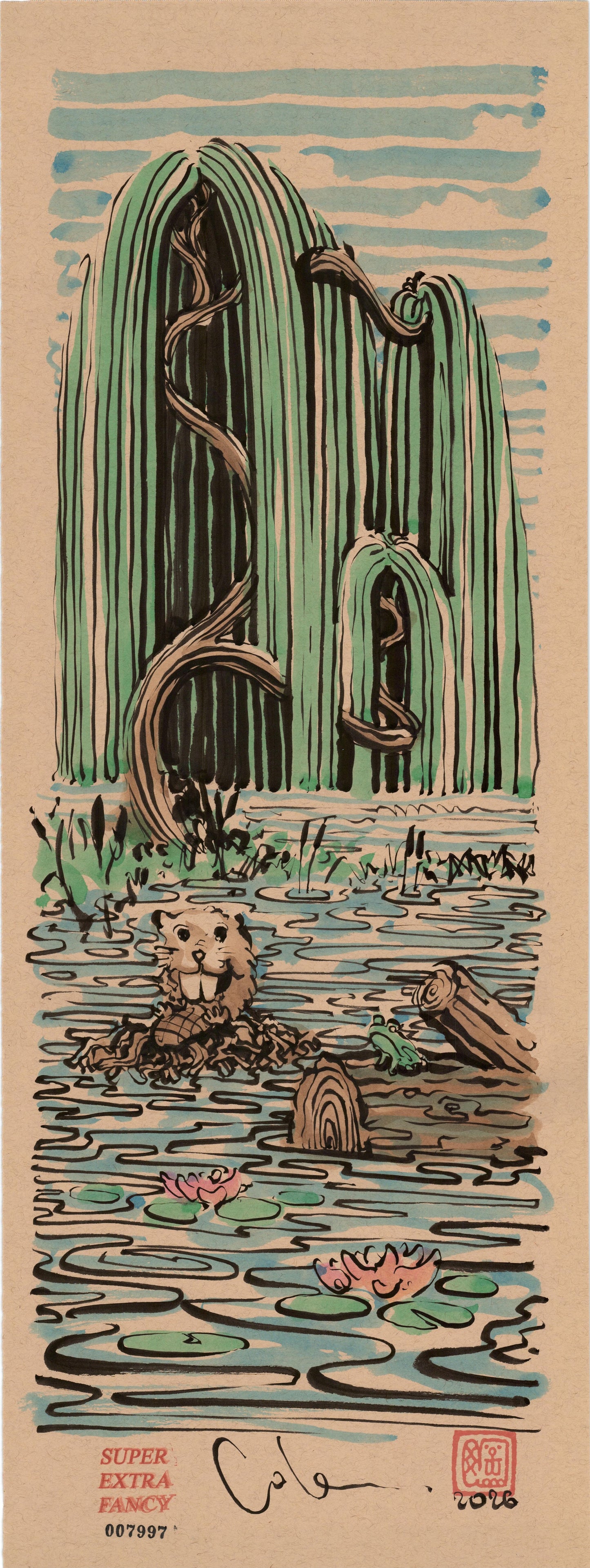 Beaver & Willow #7997 — 9x24 inch original ink brush drawing of a beaver sitting up on the lodge beneath a weeping willow