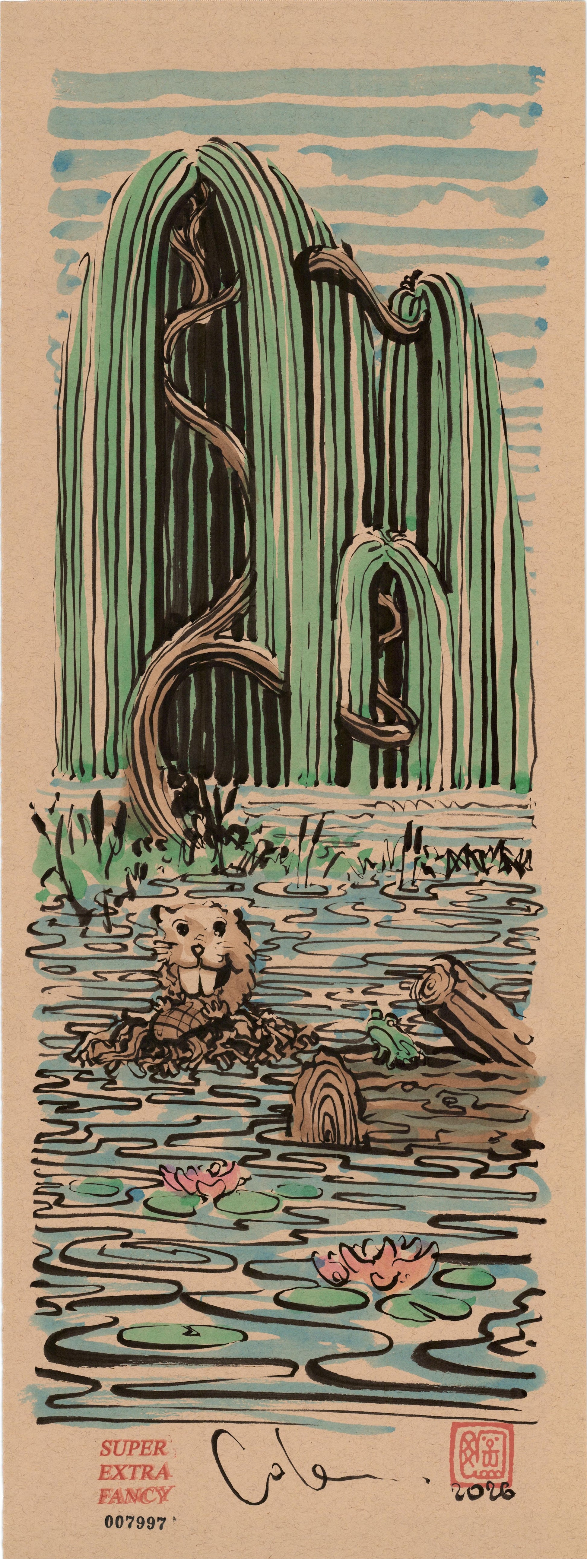 Beaver & Willow #7997 — 9x24 inch original ink brush drawing of a beaver sitting up on the lodge beneath a weeping willow