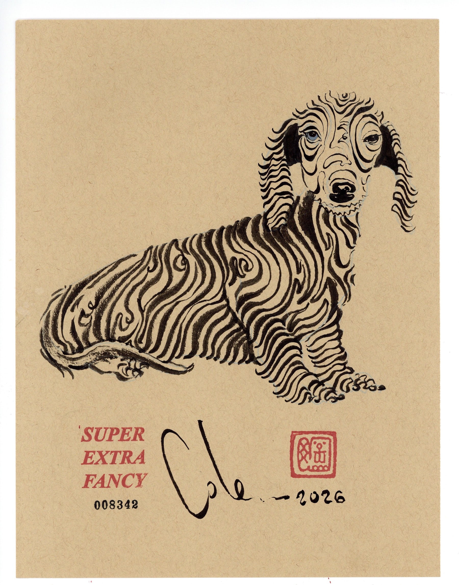 SXF wood-grain dachshund drawing #008342, ink on kraft paper, 2026