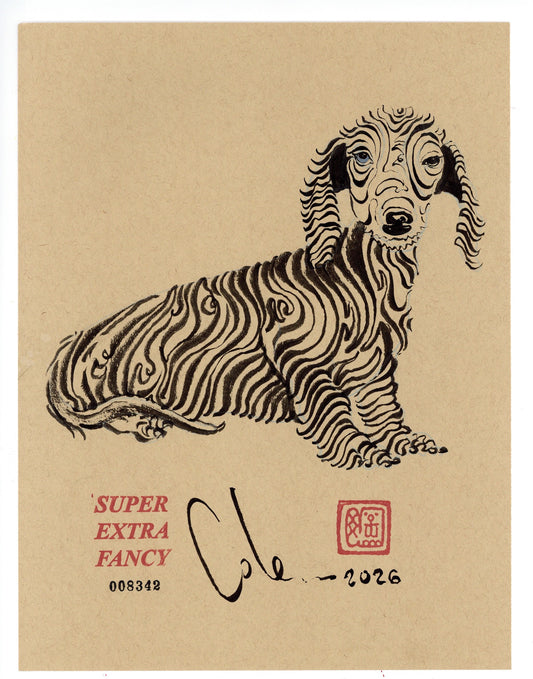 SXF wood-grain dachshund drawing #008342, ink on kraft paper, 2026