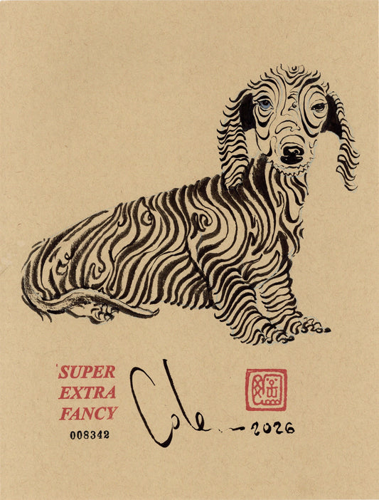 SXF wood-grain dachshund drawing #008342, ink on kraft paper, 2026