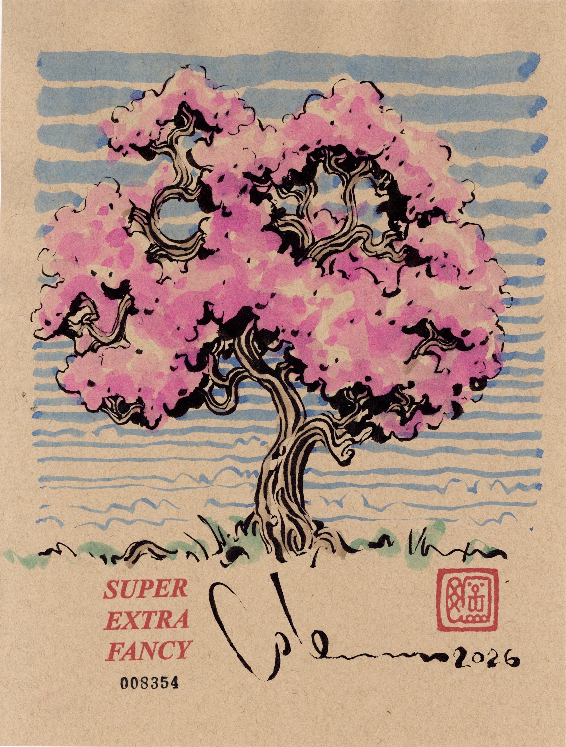 Cherry Blossom & Sky #8354 — 9x12 inch original ink brush drawing of a blossoming cherry tree against a banded blue sky