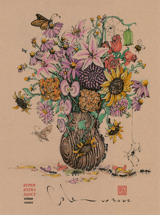 Floriography — an 18x24 inch original drawing of a flower bouquet in a wood-grain vase, inspired by Victorian floriography, with butterflies, bees and a moth