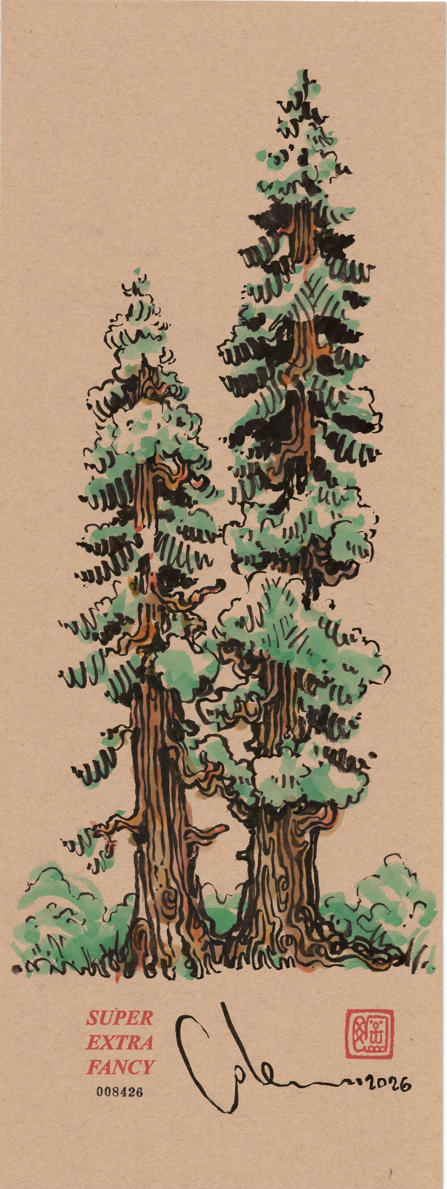 Redwood Pair #8426 — 9x24 inch original ink-brush drawing of two redwoods with brown grain trunks and teal canopies on kraft paper
