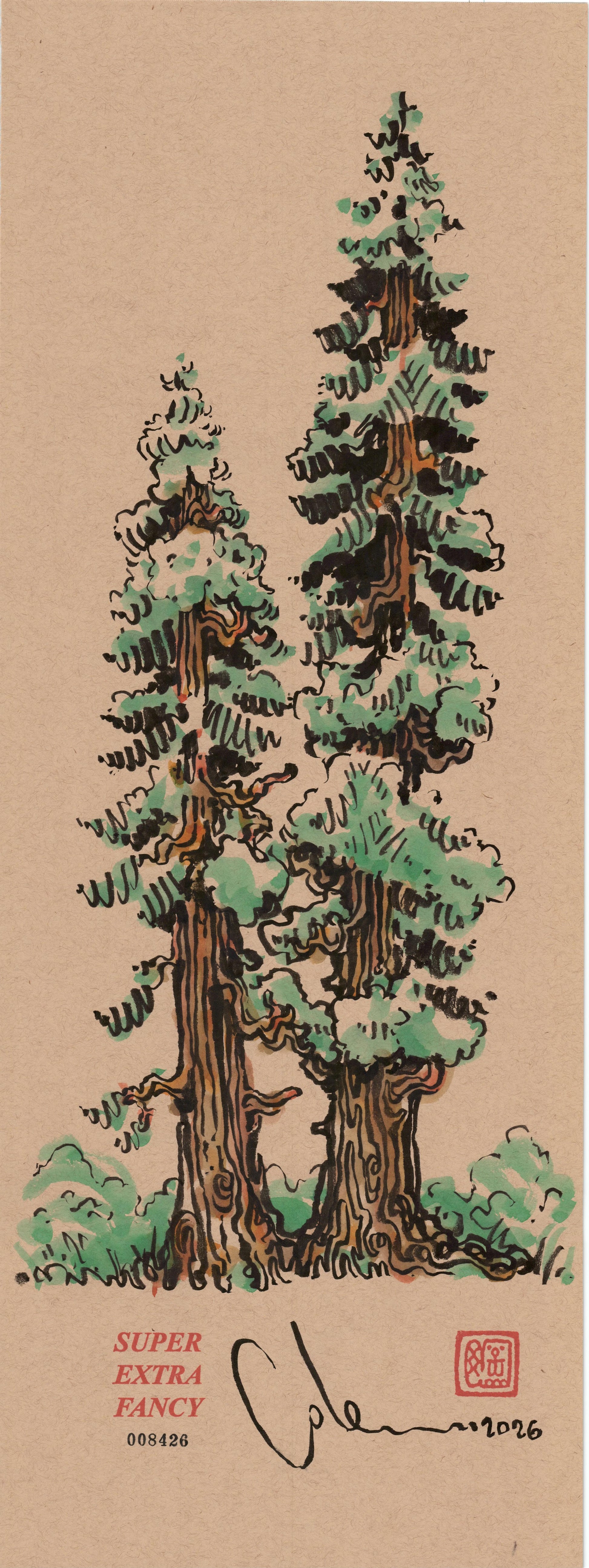 Redwood Pair #8426 — 9x24 inch original ink-brush drawing of two redwoods with brown grain trunks and teal canopies on kraft paper