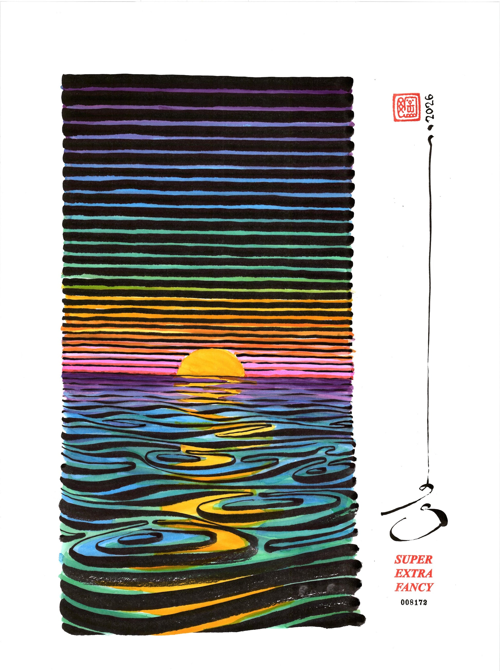 Sunset — SXF original left-hand-drawn ink brush drawing #8172