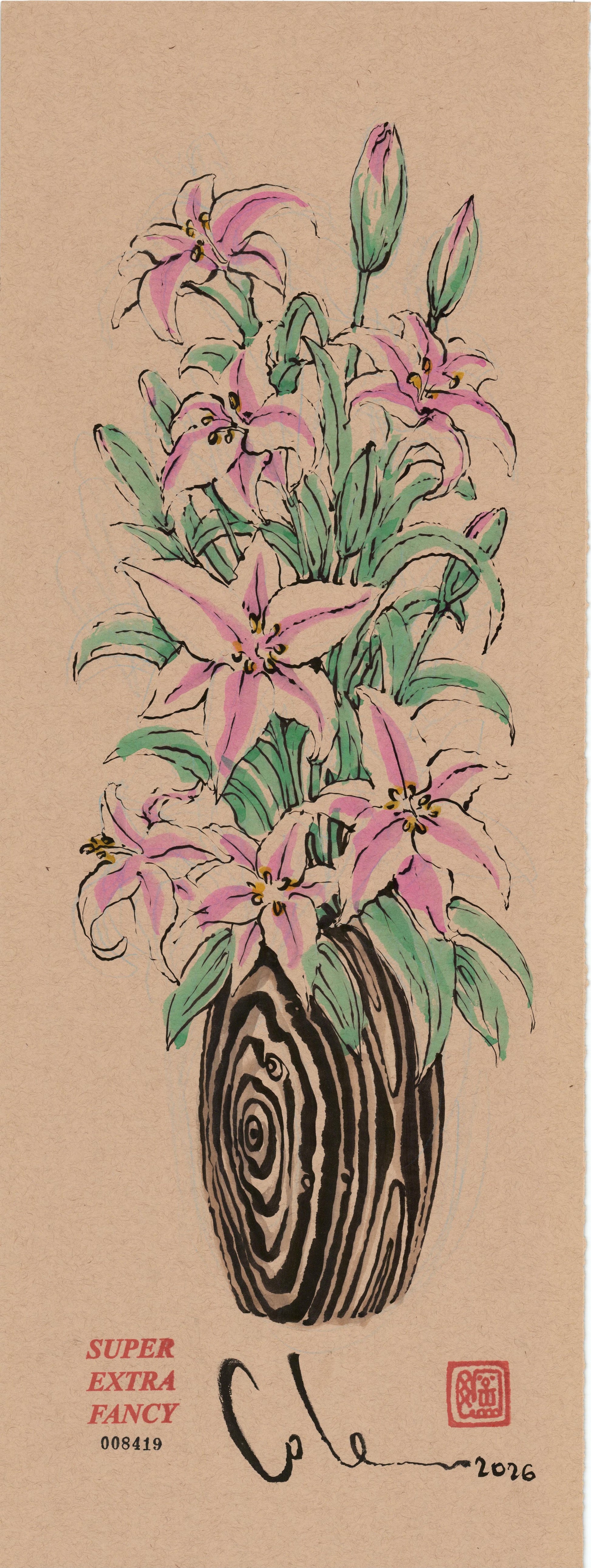 Lily Vase #8419 — 9x24 inch original ink-brush drawing of a black wood-grain vase holding pink stargazer lilies on kraft paper