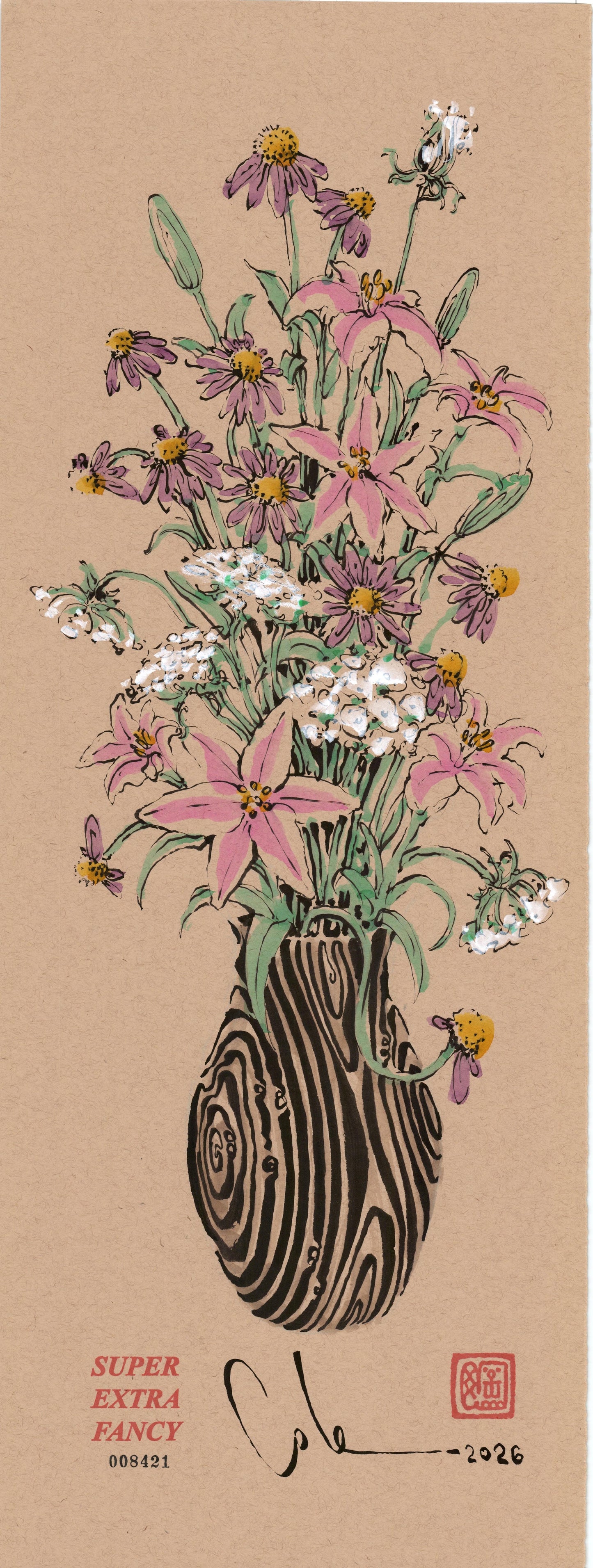 Coneflower Bouquet #8421 — 9x24 inch original ink-brush drawing of a wood-grain vase with purple coneflowers, pink lilies and white yarrow on kraft paper