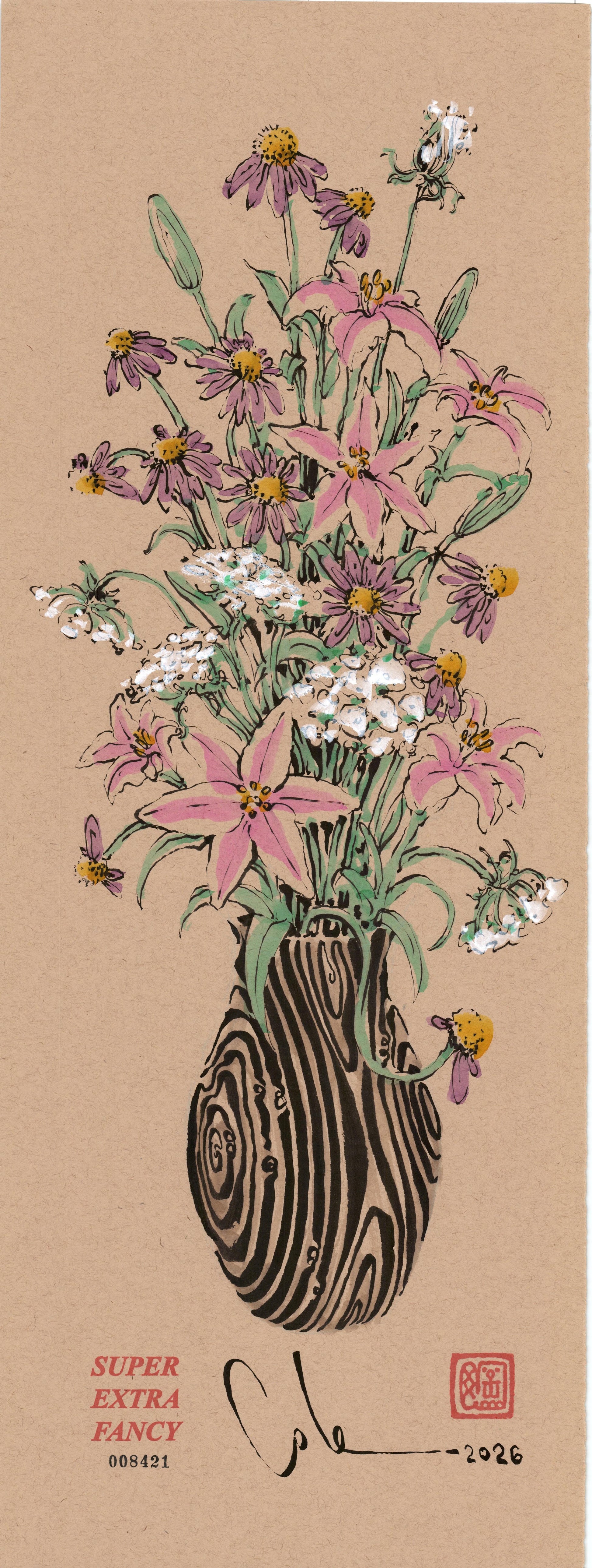 Coneflower Bouquet #8421 — 9x24 inch original ink-brush drawing of a wood-grain vase with purple coneflowers, pink lilies and white yarrow on kraft paper