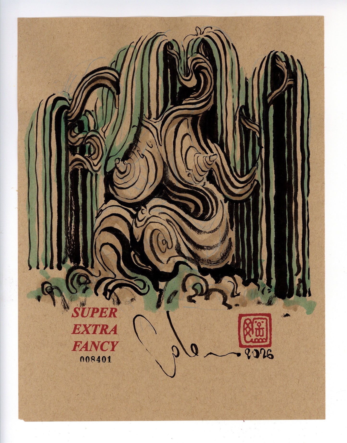 Green Willow #8401 — 9x12 inch original ink-brush drawing of a green and black willow curtain around a swirling grain knot on kraft paper