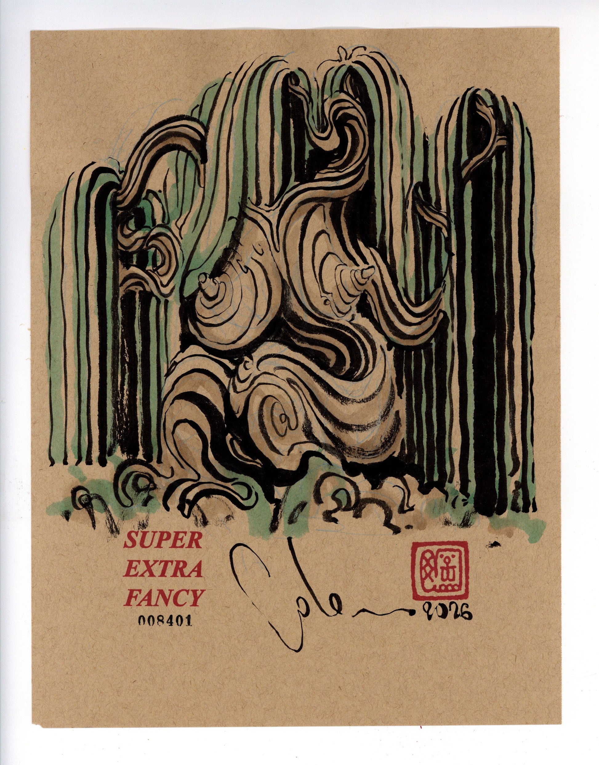 Green Willow #8401 — 9x12 inch original ink-brush drawing of a green and black willow curtain around a swirling grain knot on kraft paper
