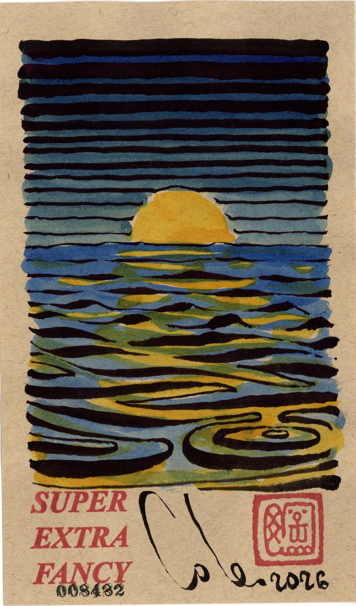 Sunset #8482 — 5x8.5 inch original ink and watercolor drawing of a sun on the horizon over rippling water, on kraft paper