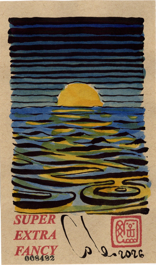 Sunset #8482 — 5x8.5 inch original ink and watercolor drawing of a sun on the horizon over rippling water, on kraft paper