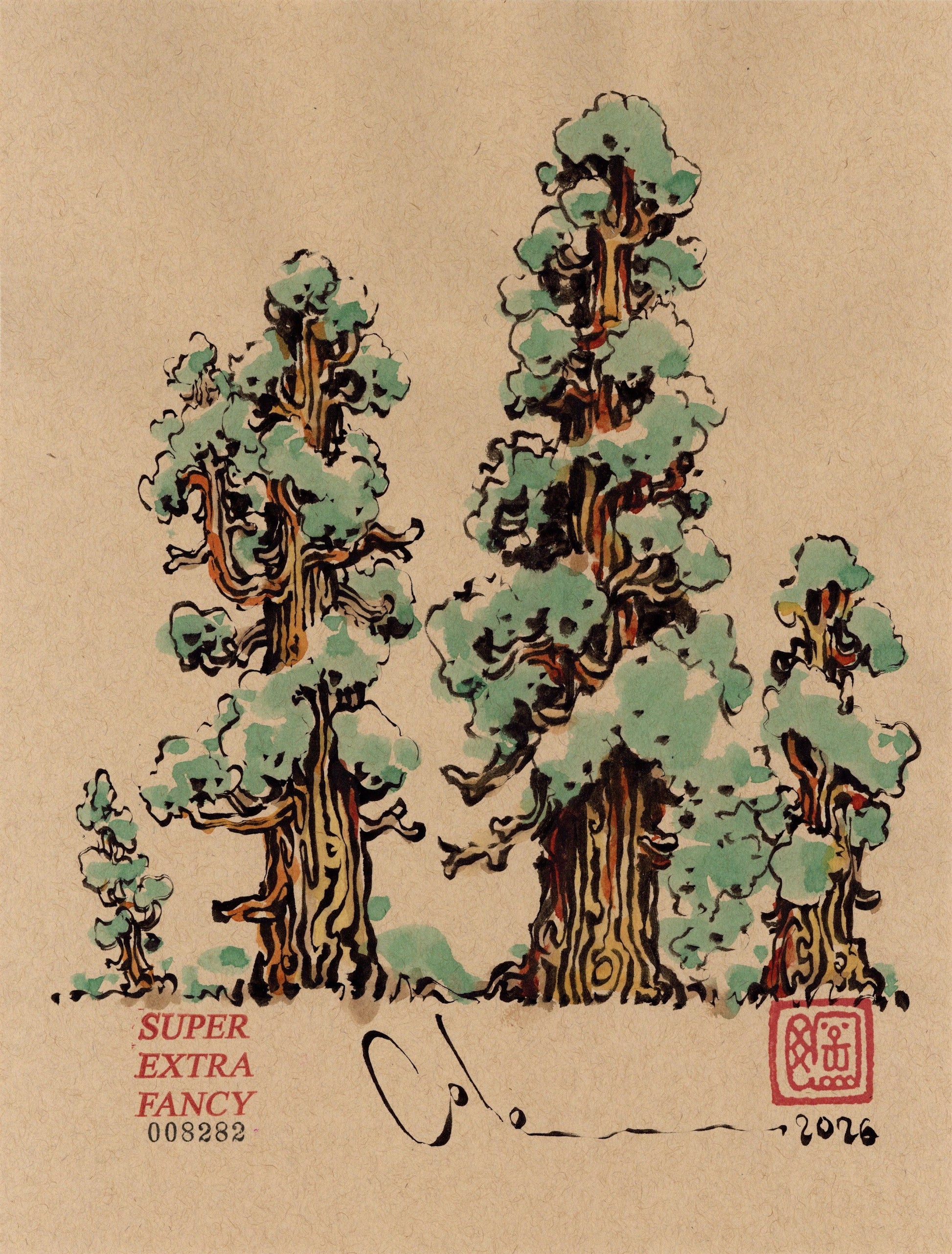 Sequoia Grove #8282 — 9x12 inch original ink brush drawing of a grove of giant sequoias from sapling to old growth