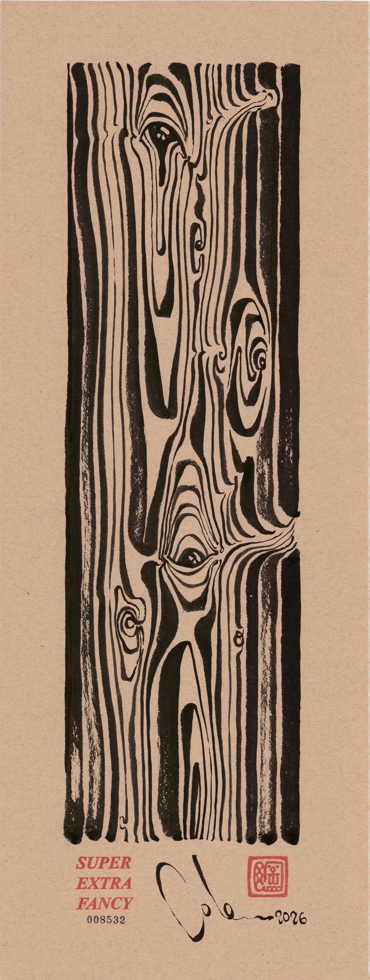 Two Eyes in the Grain #8532 — 9x24 inch original black ink-brush drawing of wood grain with two eyes in the knots, on kraft paper