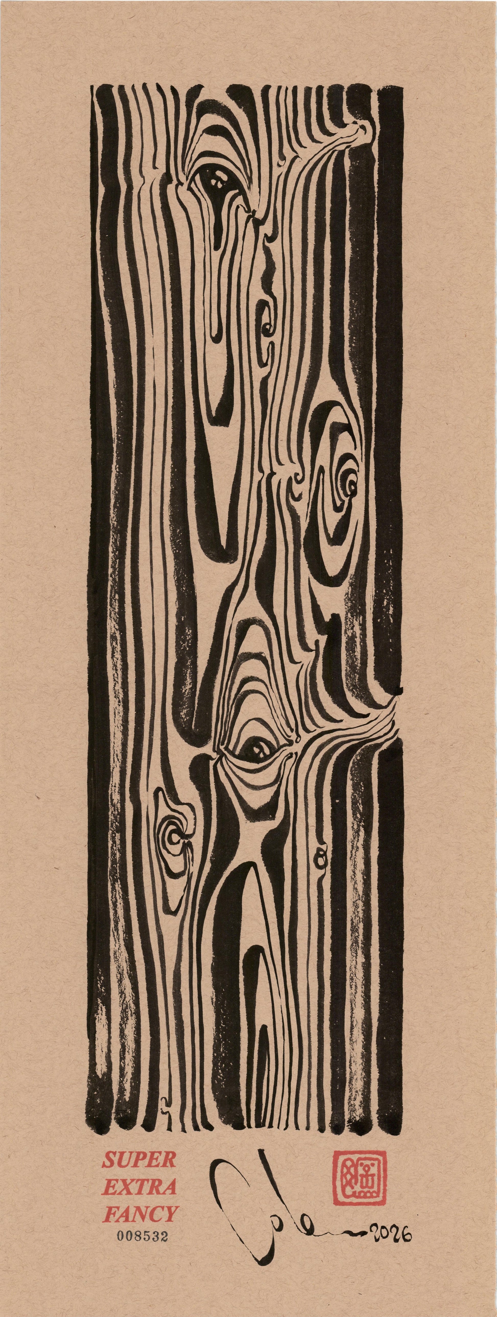 Two Eyes in the Grain #8532 — 9x24 inch original black ink-brush drawing of wood grain with two eyes in the knots, on kraft paper