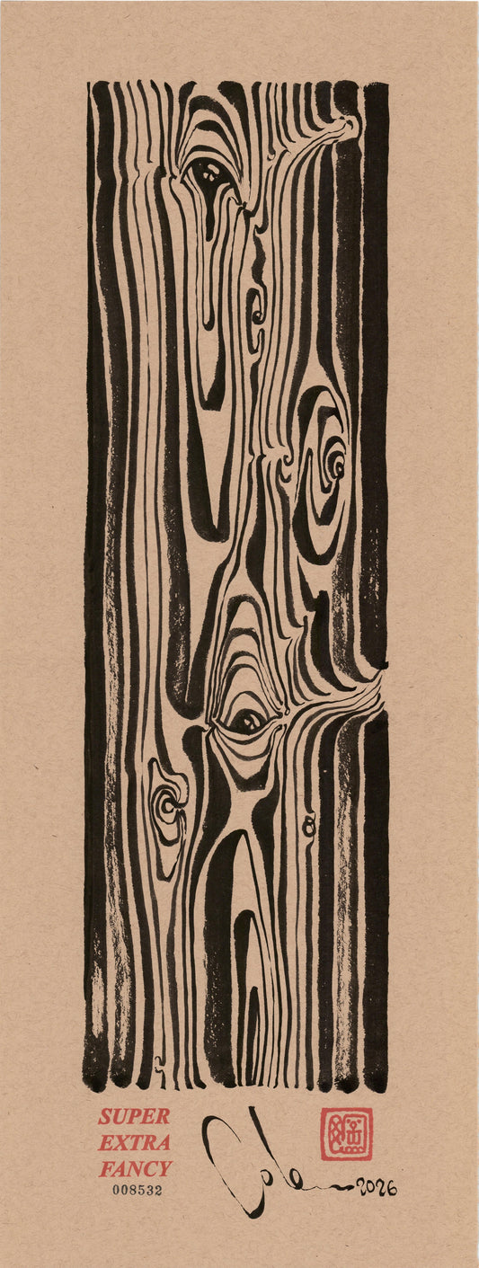 Two Eyes in the Grain #8532 — 9x24 inch original black ink-brush drawing of wood grain with two eyes in the knots, on kraft paper