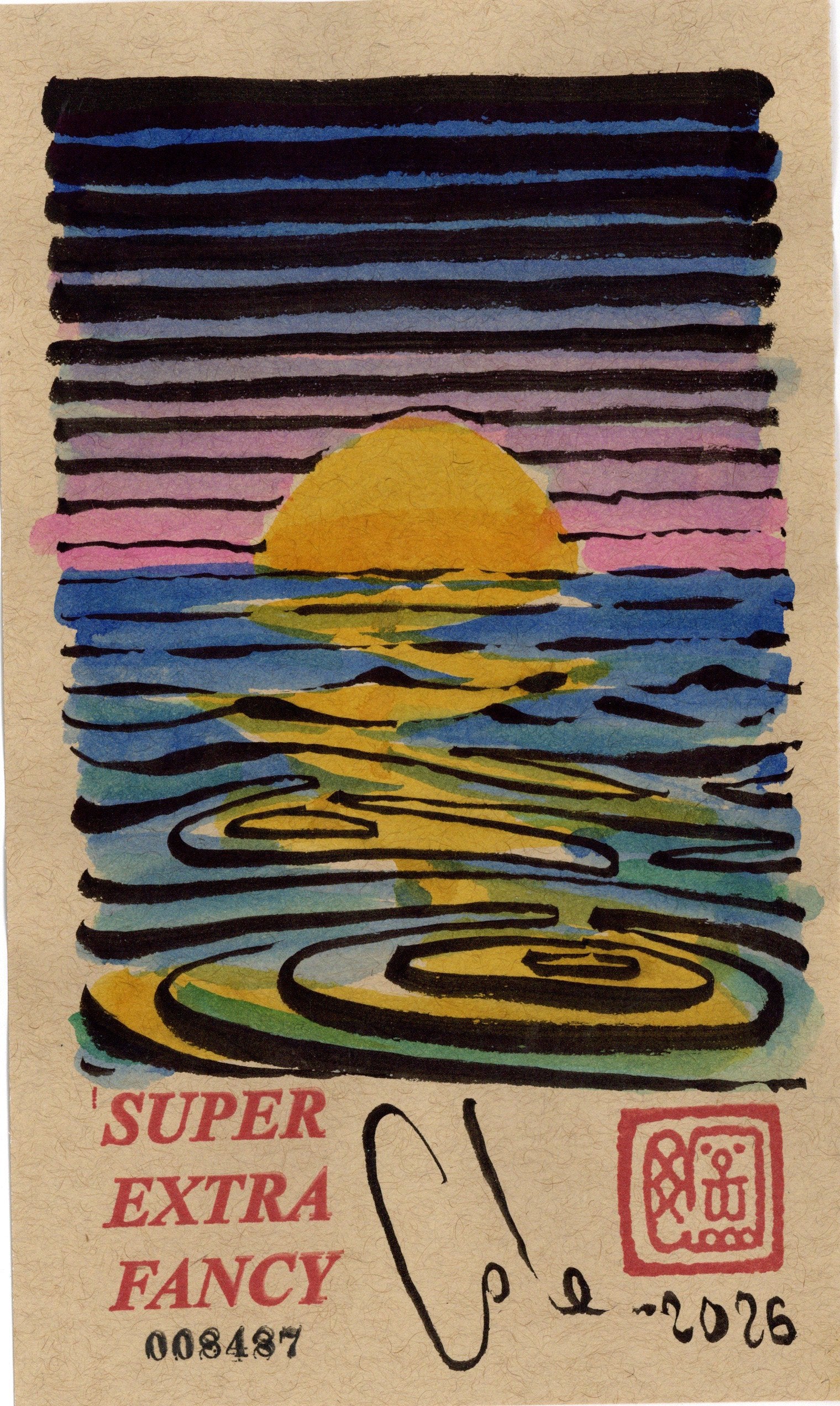 Sunset #8487 — 5x8.5 inch original ink and watercolor drawing of a sun on a pink horizon over rippling water, on kraft paper