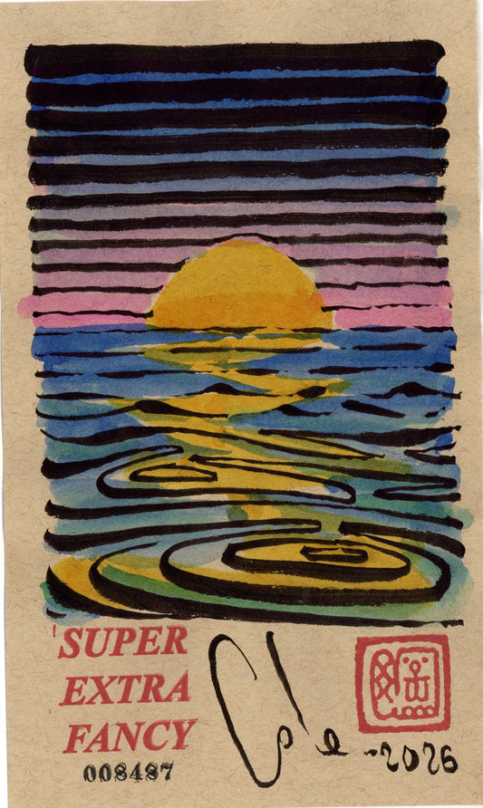 Sunset #8487 — 5x8.5 inch original ink and watercolor drawing of a sun on a pink horizon over rippling water, on kraft paper