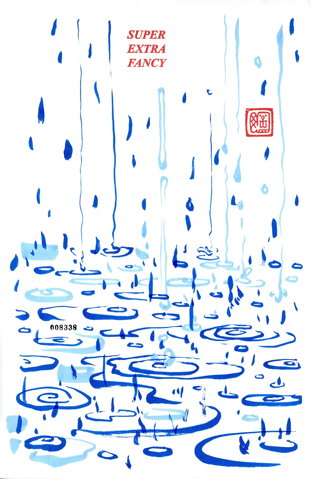 SXF original ink brush drawing #8338 — rain falling on water, blue ink on printer paper