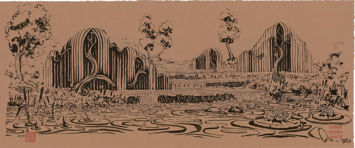 Beaver Pond Panorama #7777 — 36x15 inch original ink brush drawing of a beaver pond with weeping willows, stepped dams and lily pads