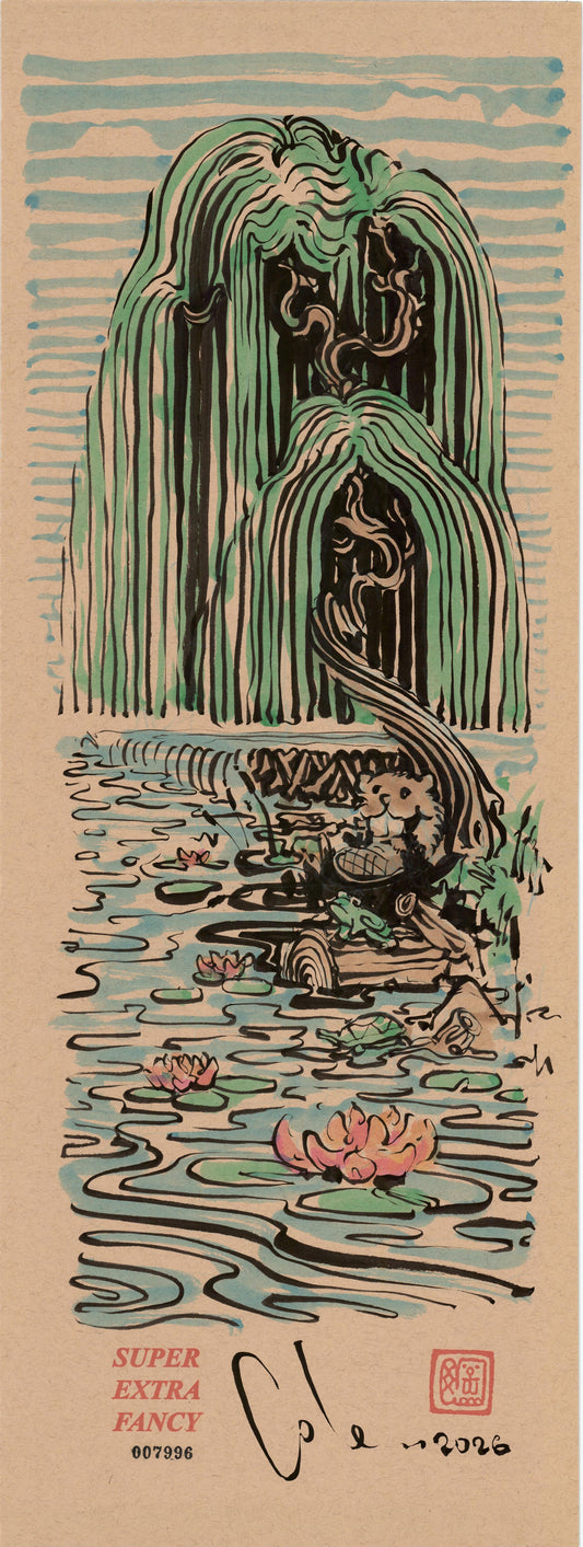 Beaver Pond #7996 — 9x24 inch original ink brush drawing of a beaver reclining against a felled log beneath a weeping willow