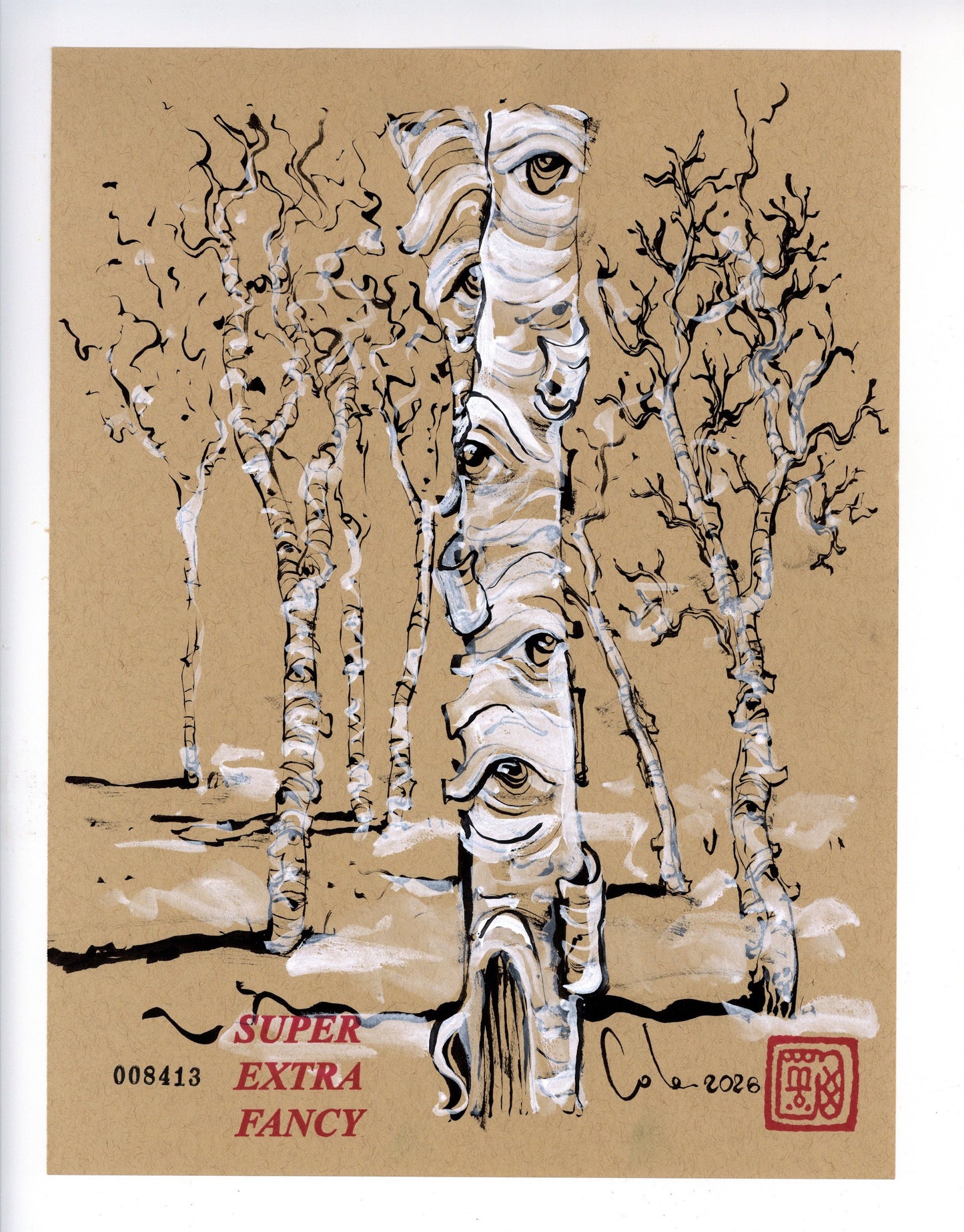Birches #8413 — 9x12 inch original ink-brush drawing of a birch stand in white and black ink with knot-eyes on the trunks, on kraft paper