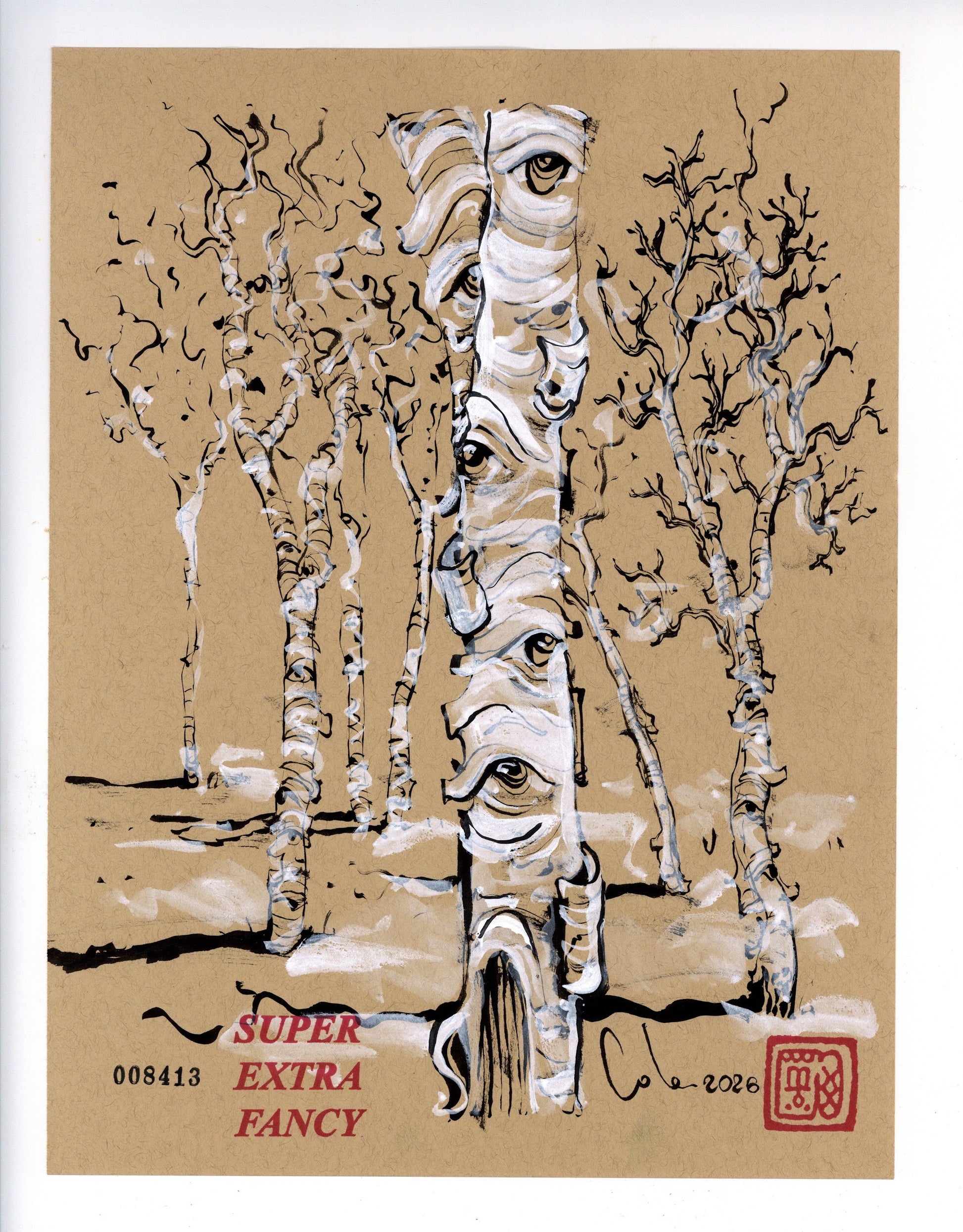 Birches #8413 — 9x12 inch original ink-brush drawing of a birch stand in white and black ink with knot-eyes on the trunks, on kraft paper
